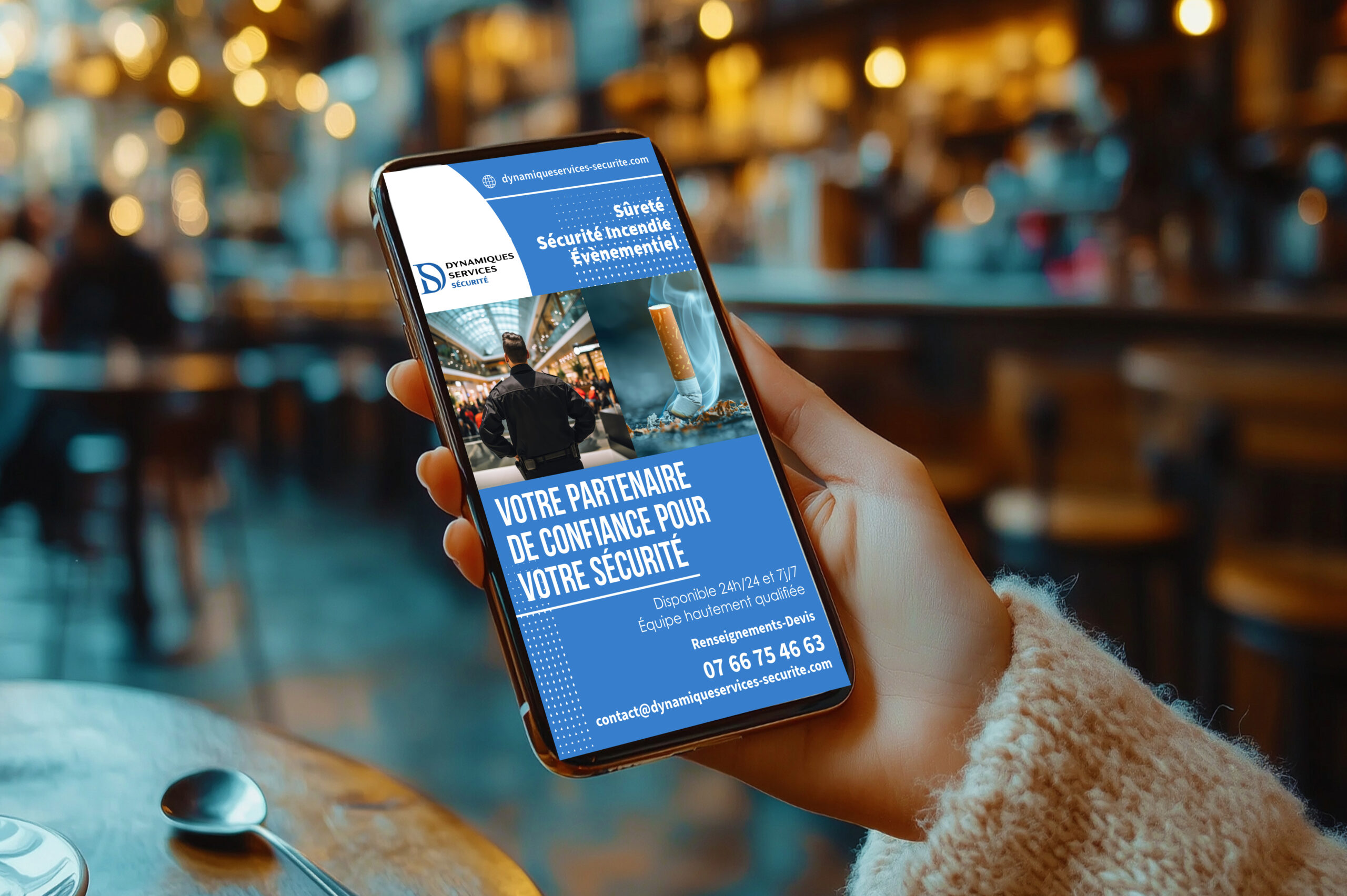 Top view image of a female in jeans using her smartphone while sitting indoors. Smartphone white screen mockup. People and technology concept